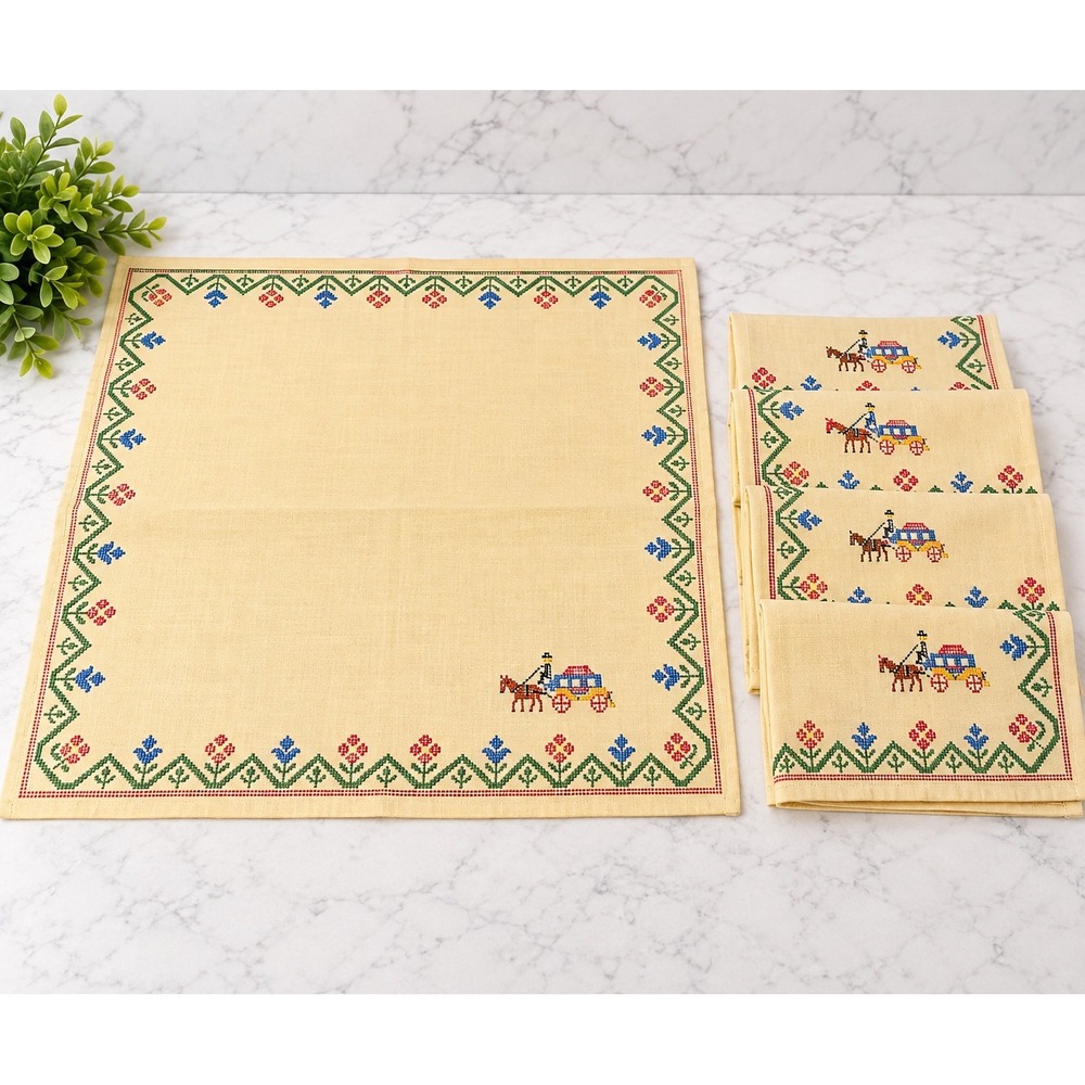 VTG Cross Stitch Horse Carriage Table Linen Set 5 Napkins Cottagecore Farmhouse